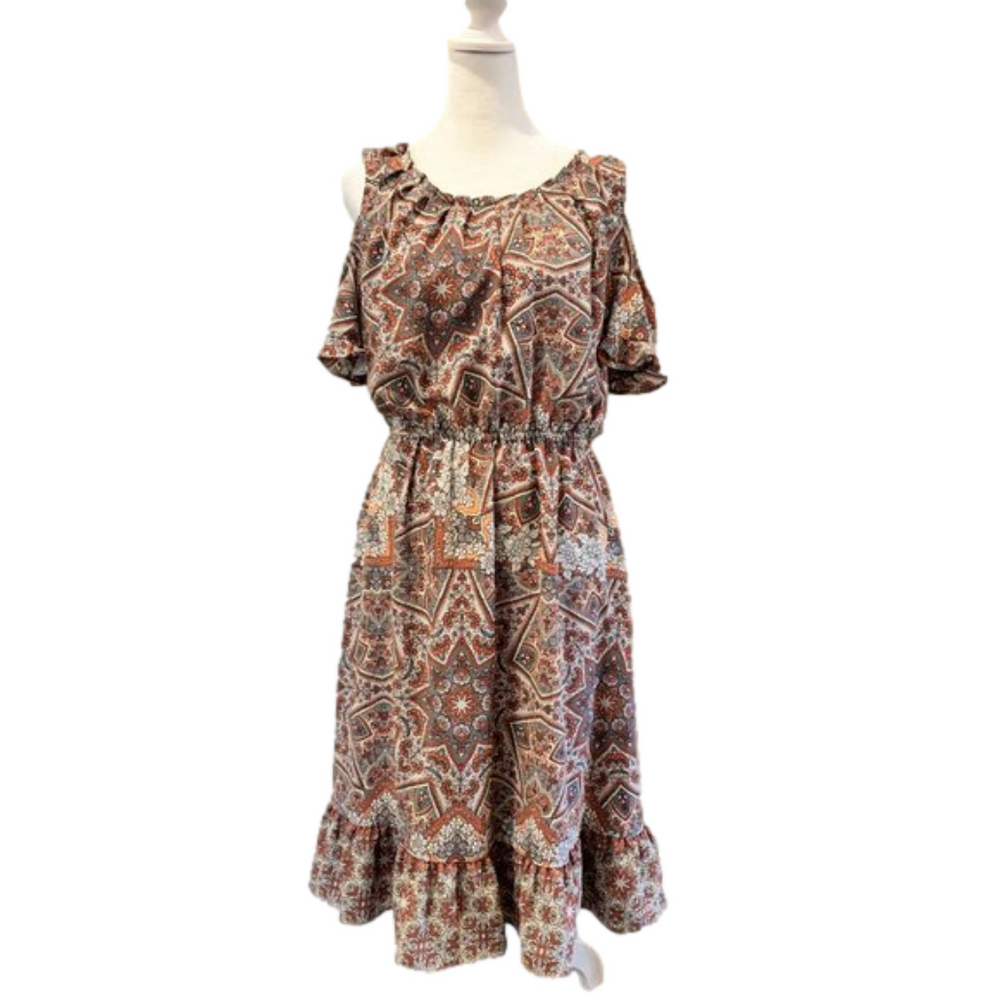Lauren Conrad Multi color Maxi Dress, open shoulder sleeve, elastic waist, MED